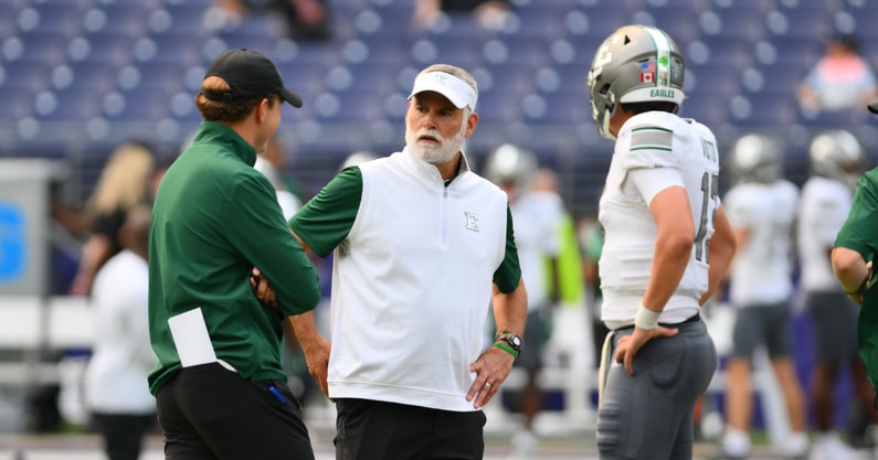 Sep 7, 2024; Seattle, Washington, USA; Eastern Michigan Eagles head coach Chris Creighton during team warmups before the game against the Washington Huskies at Alaska Airlines Field at Husky Stadium. Mandatory Credit: Steven Bisig-Imagn Images