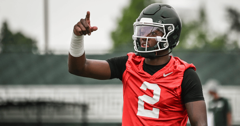 Michigan State QB Aidan Chiles seen Tuesday, July 29, 2025, during the first day of football practice at the Skandalaris Football Center. - Matthew Dae Smith, USA TODAY Sports
