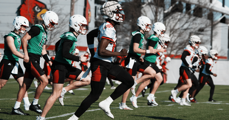 Louisville football practices outside the Trager Center in Louisville, Ky. on Mar. 1, 2025.