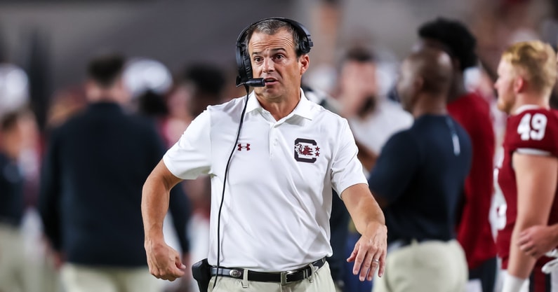 Sep 21, 2024; Columbia, South Carolina, USA; South Carolina Gamecocks head coach Shane Beamer directs his team against the Akron Zips in the second half at Williams-Brice Stadium. Mandatory Credit: Jeff Blake-Imagn Images