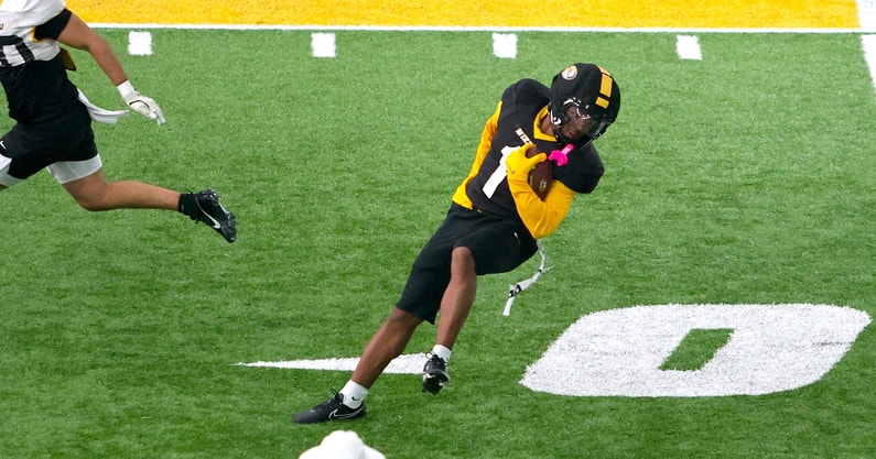 Donovan Olugbode spins away from a tackle during a drill
