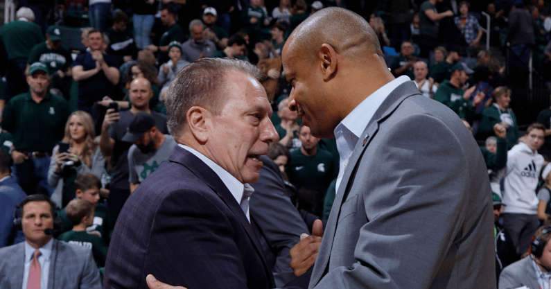 Michigan State coach Tom Izzo, left, and Northern Illinois coach Mark Montgomery, a former Izzo assistant shake hands following their game, Saturday, Dec. 29, 2018, in East Lansing, Mich. - Al Goldis, USA TODAY Sports