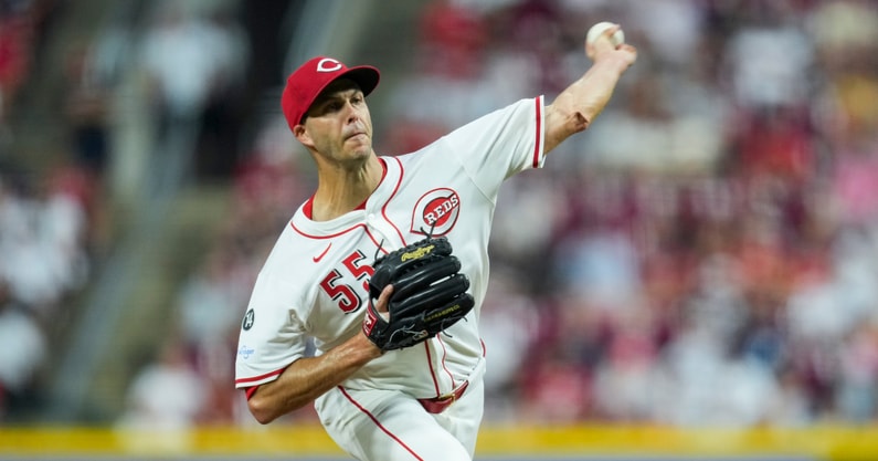 Jun 25, 2025; Cincinnati, Ohio, USA; Cincinnati Reds pitcher Taylor Rogers throws against the New York Yankees in the seventh inning at Great American Ball Park. Mandatory Credit: Aaron Doster-Imagn Images