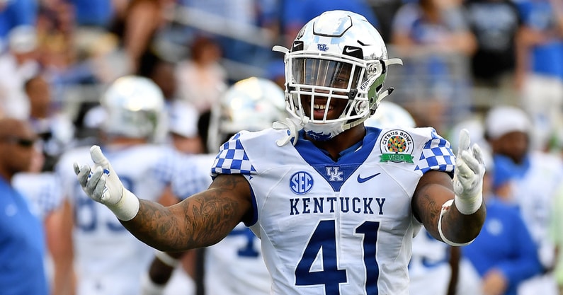 Josh Hines-Allen celebrates a sack during Kentucky's Citrus Bowl win, via Jasen Vinlove-Imagn Images