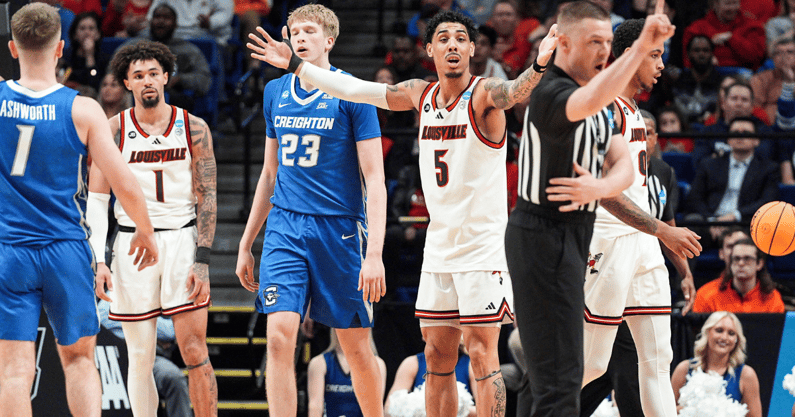 Louisville Cardinals guard Terrence Edwards Jr. (5) reacts to a late call by an official in the Cards' 89-75 loss to Creighton in the first round game of the 2025 NCAA men's basketball tournament at Rupp Arena in Lexington, Kentucky Thursday March 20, 2025.