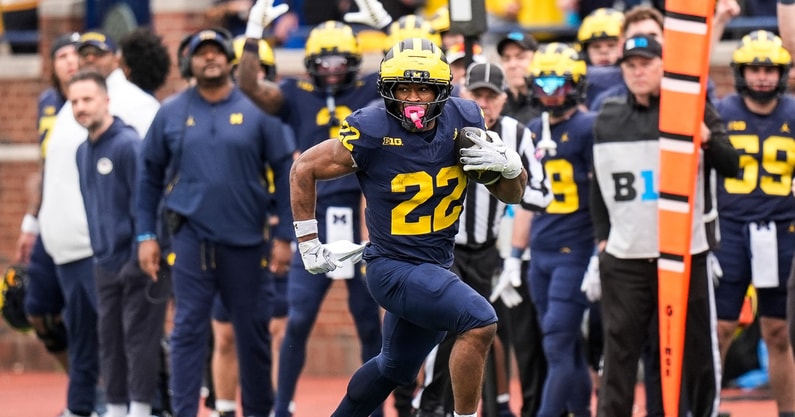 Michigan Wolverines football running back Justice Haynes at the 2025 spring game. (Photo by Junfu Han / USA TODAY NETWORK via Imagn Images)