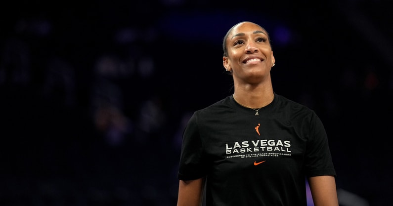 Las Vegas Aces center A'ja Wilson (22) stands on the court before the start of the game against the Golden State Valkyries at the Chase Center. Mandatory Credit: Cary Edmondson-Imagn Images