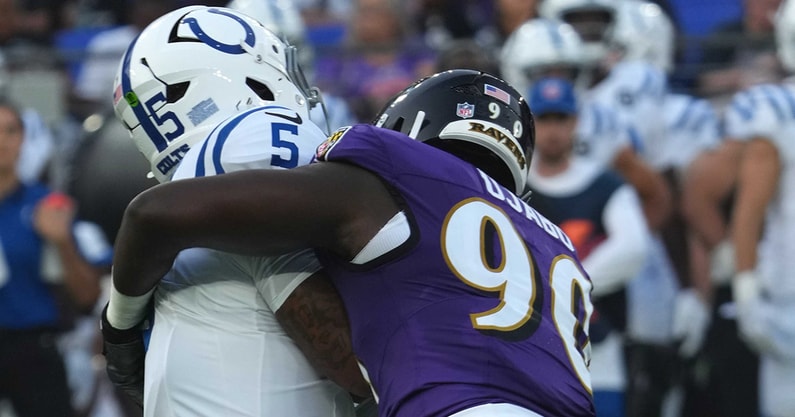 Indianapolis Colts QB Anthony Richardson suffers an injury on a sack by David Ojabo