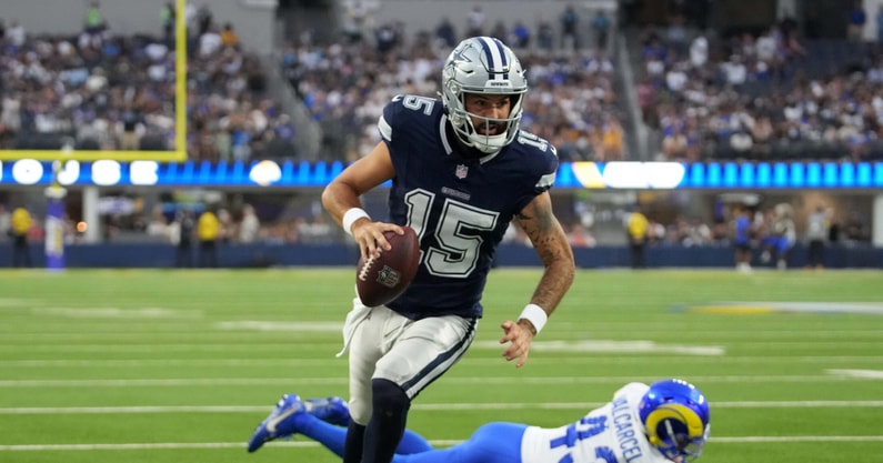 Dallas Cowboys quarterback Will Grier scores on a touchdown run against Los Angeles Rams in the fourth quarter at SoFi Stadium. Credit: Kirby Lee-Imagn Images