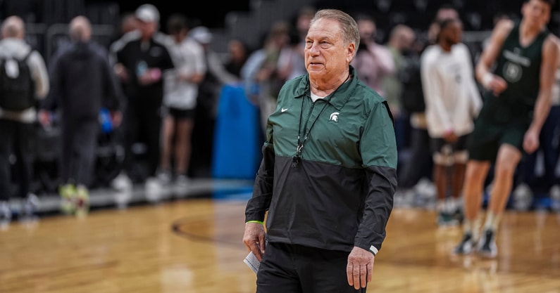 Michigan State Spartans head coach Tom Izzo shown on the court during practice at State Farm Arena. - Dale Zanine, USA TODAY Sports