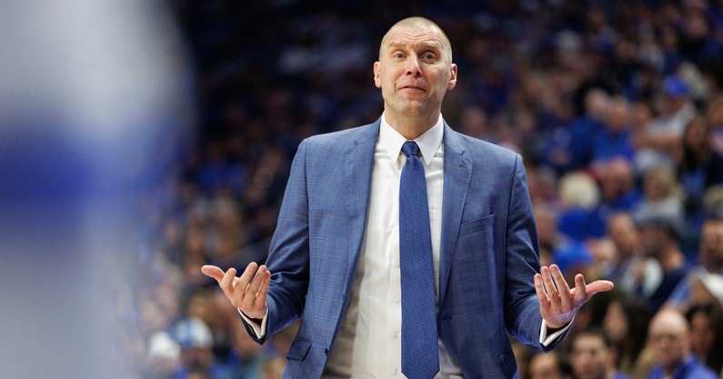 Feb 8, 2025; Lexington, Kentucky, USA; Kentucky Wildcats head coach Mark Pope pleads with a referee during the first half against the South Carolina Gamecocks at Rupp Arena at Central Bank Center. Mandatory Credit: Jordan Prather-Imagn Images