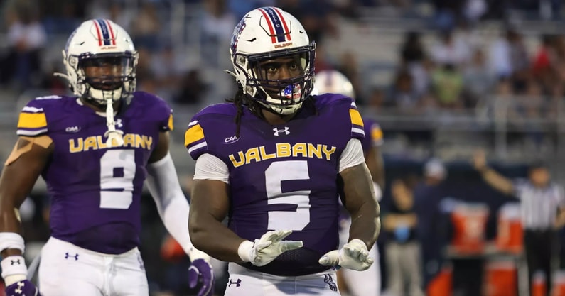 Albany linebacker Ron Holmes returns for the Great Danes. (Photo by UA Athletics)
