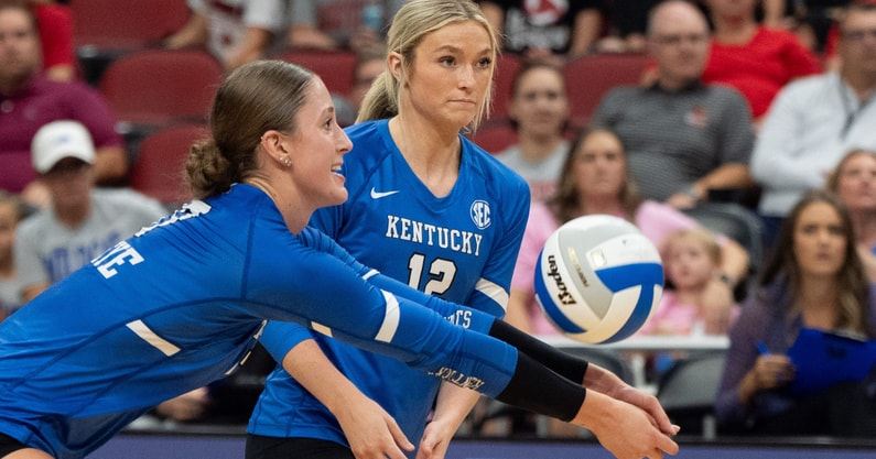 Brooklyn DeLeye (17) digs a ball during a Kentucky volleyball game at the Yum Center, via