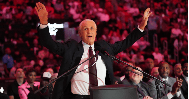 Oct 23, 2024; Miami, Florida, USA; Miami Heat president Pat Riley addresses the crowd during the Pat Riley Court dedication ceremony at halftime at Kaseya Center. Mandatory Credit: Jim Rassol-Imagn Images