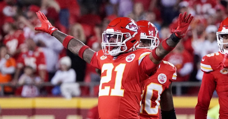 Oct 12, 2023; Kansas City, Missouri, USA; Kansas City Chiefs safety Mike Edwards (21) celebrates after a play against the Denver Broncos during the game at GEHA Field at Arrowhead Stadium. Mandatory Credit: Denny Medley-Imagn Images