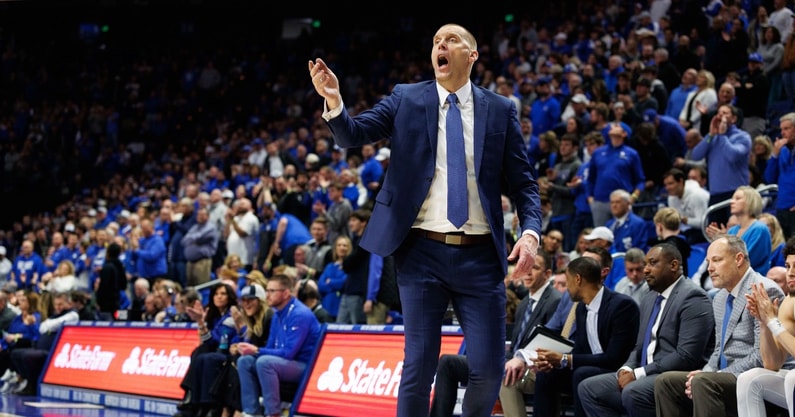 Jan 14, 2025; Lexington, Kentucky, USA; Kentucky Wildcats head coach Mark Pope talks to his players during the second half against the Texas A&M Aggies at Rupp Arena at Central Bank Center. Mandatory Credit: Jordan Prather-Imagn Images