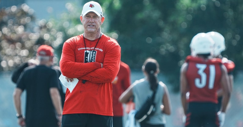 Louisville Cardinals head football coach Jeff Brohm at a morning practice Wednesday. July 30, 2025. The Cardinals' 2024 record: 9–4, 5–3 in the ACC.