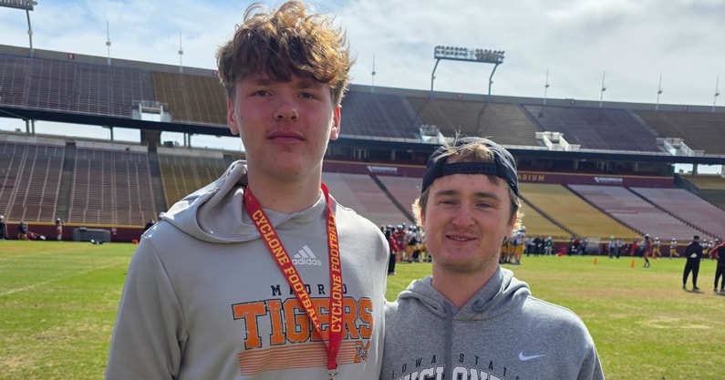 2028 Madrid (Iowa) tight end Jevyn Severson attends a spring practice at Iowa State in April, 2025.