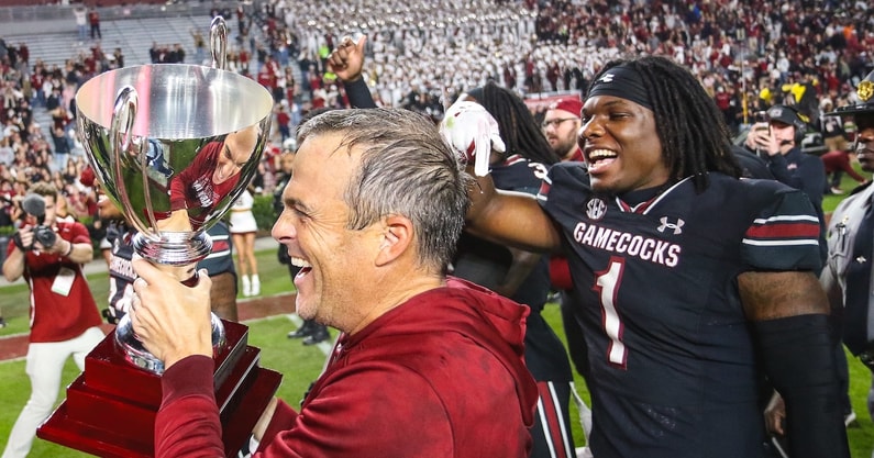 South Carolina head coach Shane Beamer and safety DQ Smith celebrate the Missouri win in 2024 (Photo: Katie Dugan | GamecockCentral.com)
