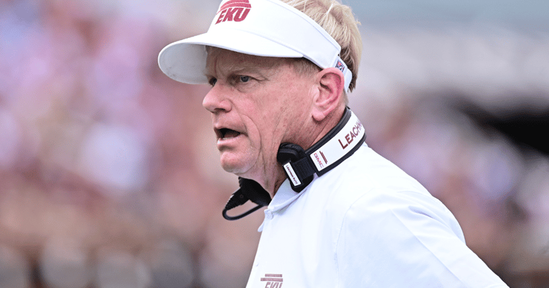 Aug 31, 2024; Starkville, Mississippi, USA; Eastern Kentucky Colonels head coach Walt Wells stands on the sideline during the first quarter of the game against the Mississippi State Bulldogs at Davis Wade Stadium at Scott Field. Mandatory Credit: Matt Bush-Imagn Images