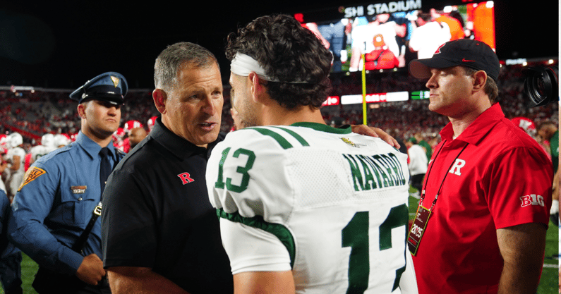 Rutgers University Football Head Coach, Greg Schiano congratulates, Ohio Bobcats quarterback Parker Navarro (13) on a good game, Thursday, August 28, 2025. (© Kevin R. Wexler-NorthJersey.com / USA TODAY NETWORK via Imagn Images)