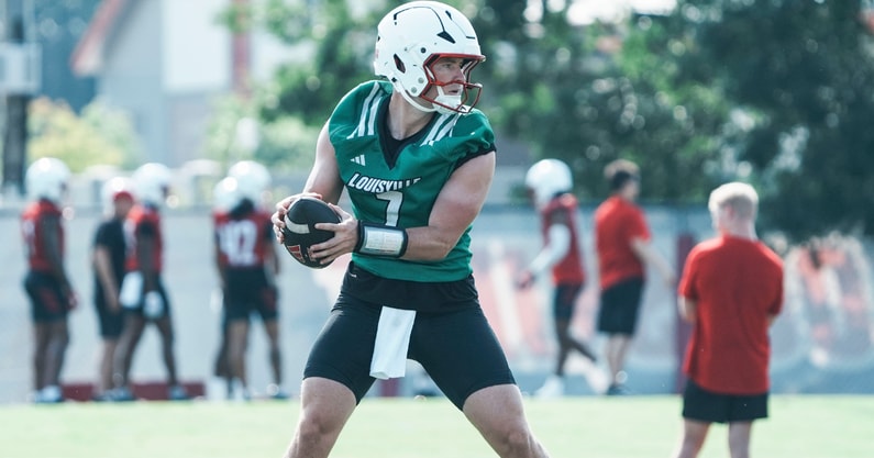 Louisville Cardinals quarterback Miller Moss during a morning practice Wednesday, July 30, 2025. Moss transferred from USC. His overall QB rating is 81.4.
