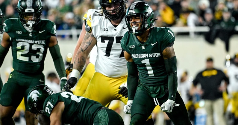 Michigan State's Nikai Martinez celebrates a defensive stop against Iowa in the first quarter on Saturday, Oct. 19, 2024, at Spartan Stadium in East Lansing. - Nick King, USA TODAY Sports