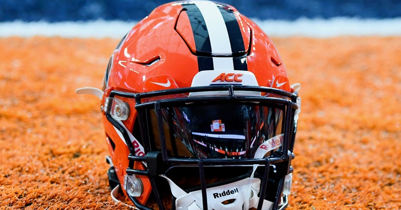 Nov 25, 2023; Syracuse, New York, USA; General view of a Syracuse Orange helmet prior to the game against the Wake Forest Demon Deacons at the JMA Wireless Dome. Mandatory Credit: Rich Barnes-USA TODAY Sports