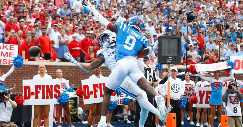 Sep 28, 2024; Oxford, Mississippi, USA; Mississippi Rebels defensive back Trey Amos (9) breaks up a pass intended for Kentucky Wildcats wide receiver Dane Key (6) during the first half at Vaught-Hemingway Stadium. Mandatory Credit: Petre Thomas-Imagn Images