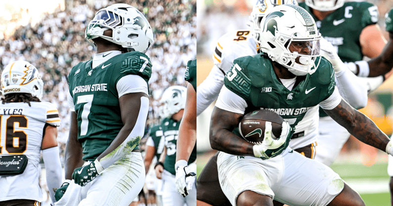 Michigan State running backs Brandon Tullis (left) and Makhi Frazier (right) - Nick King, USA TODAY Sports