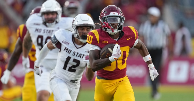 USC Trojans running back King Miller (30) scores on a 75-yard touchdown run against the Missouri State Bears in the second half at United Airlines Field at Los Angeles Memorial Coliseum
