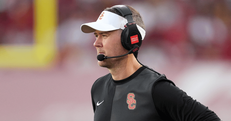 USC Trojans head coach Lincoln Riley watches from the sidelines against the Missouri State Bears in the first half at United Airlines Field at Los Angeles Memorial Coliseum