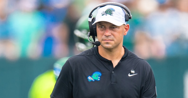 Aug 30, 2025; New Orleans, Louisiana, USA; Tulane Green Wave head coach Jon Sumrall looks on against Northwestern Wildcats during the first half at Yulman Stadium. Mandatory Credit: Stephen Lew-Imagn Images