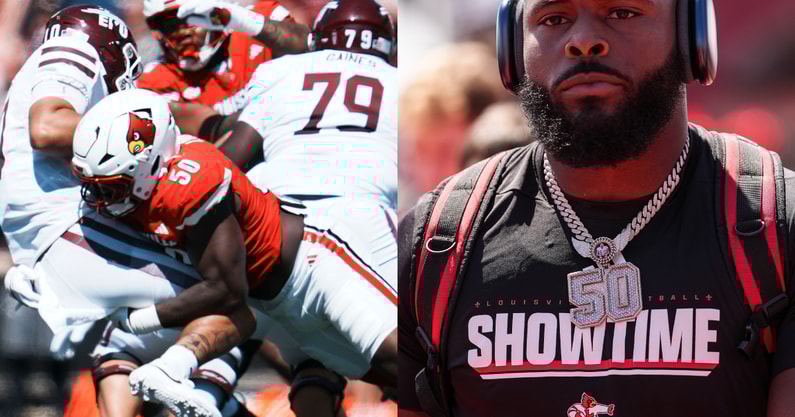 Louisville Cardinals defensive lineman Clev Lubin (50) sacks Eastern Kentucky Colonels quarterback Myles Burkett (10) in the first half against EKU at the Cardinals' season opener Saturday, August 30, 2025 at L&N Federal Credit Union Stadium in Louisville, Kentucky.