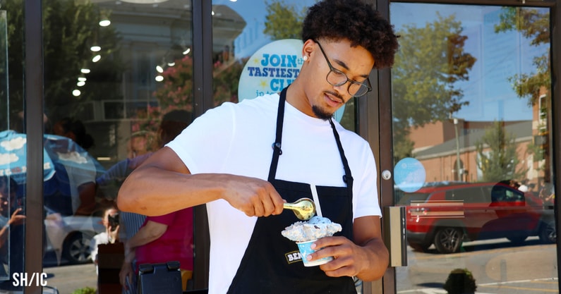 Seth Trimble at his newly acquired Ben & Jerry's on Franklin Street.