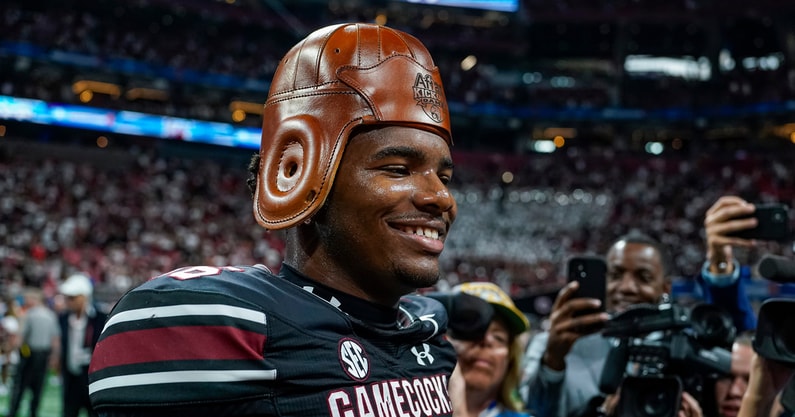 South Carolina Gamecocks quarterback LaNorris Sellers (16) wears the Old Leather Helmet after defeating the Virginia Tech Hokies at Mercedes-Benz Stadium. Mandatory Credit: Dale Zanine-Imagn Images