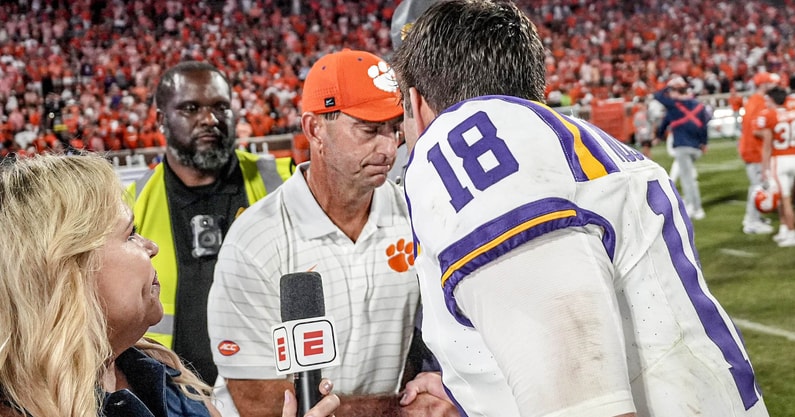 LSU QB Garrett Nussmeier meets with Clemson HC Dabo Swinner after LSU's win (Photo: © Ken Ruinard - Imagn/Images, USA Today Network)