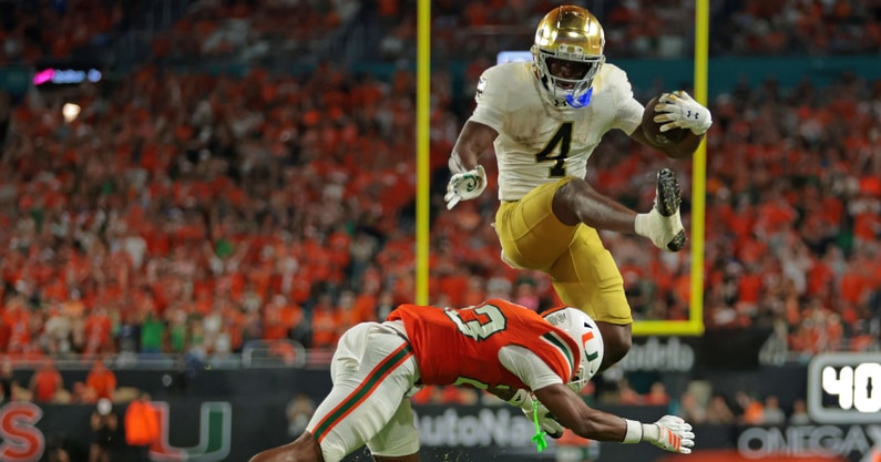 Notre Dame running back Jeremiyah Love hurdle Miami