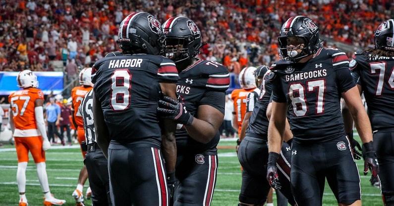 South Carolina football players celebrate a Nyck Harbor touchdown (Photo: Katie Dugan | GamecockCentral.com)