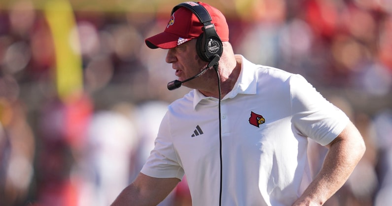Louisville head coach Jeff Brohm during the Cards' 51-17 win over Eastern Kentucky University at the Cardinals' season opener Saturday, August 30, 2025 at L&N Federal Credit Union Stadium in Louisville, Kentucky.