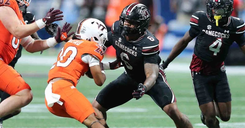 South Carolina EDGE Dylan Stewart makes a tackle against Virginia Tech (Photo: CJ Driggers | GamecockCentral.com)