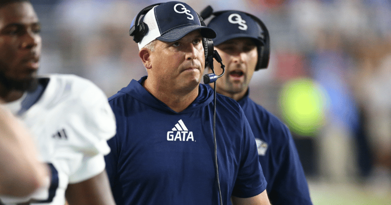Georgia Southern Eagles head coach Clay Helton walks along the sideline during the first half against the Mississippi Rebels at Vaught-Hemingway Stadium