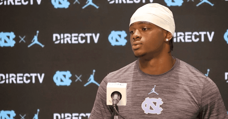 North Carolina's Kaleb Cost addresses the media following Monday's loss to TCU.