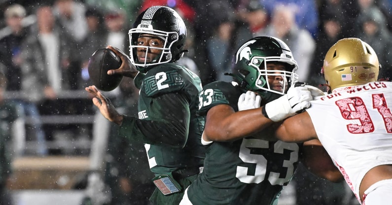 Michigan State Spartans quarterback Aidan Chiles (2) throws a pass against the Boston College Eagles during the first half at Alumni Stadium. - Eric Canha, USA TODAY Sports