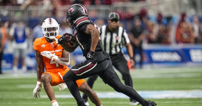 South Carolina safety Peyton Williams returning an interception against Virginia Tech. Photo credit: Dale Zanine-Imagn Images
