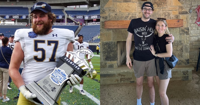 Notre Dame offensive lineman Trevor Ruhland with 2019 Camping World Trophy and wife Nina