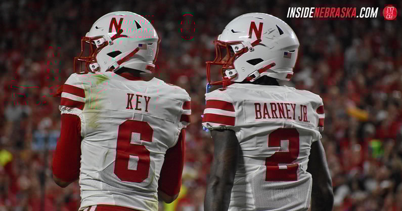 Nebraska football WRs Dane Key and Jacory Barney Jr. during the Huskers' win over Cincinnati in the 2025 season opener