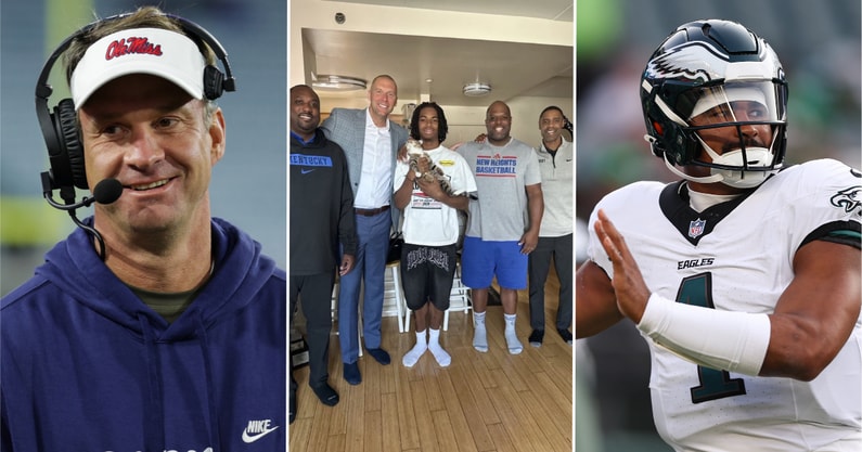 Photos of Lane Kiffin (left) and Jalen Hurts (right) via Imagn Images