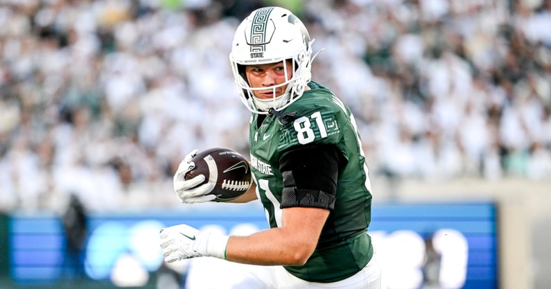 Michigan State's Michael Masunas runs after a catch against Western Michigan during the second quarter on Friday, Aug. 29, 2025, in East Lansing. - Nick King, USA TODAY Sports