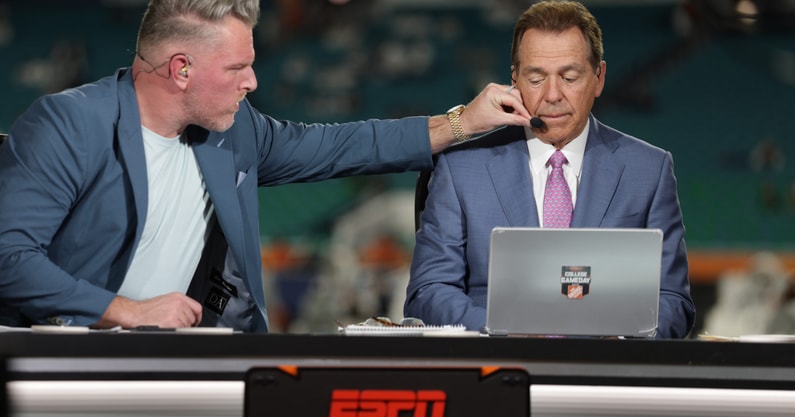 ESPN analysts Pat McAfee and Nick Saban - Credit: Nathan Ray Seebeck-Imagn Images